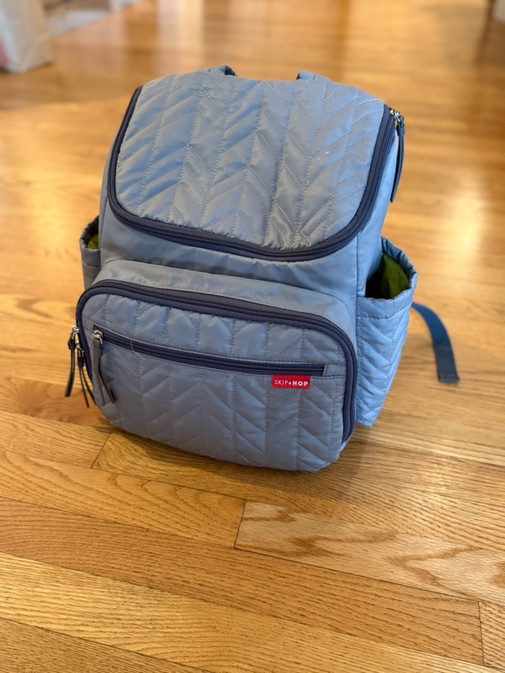 Skip Hop Forma Quilted Light Gray Backpack Diaper Bag Changing Pad, snack pouch